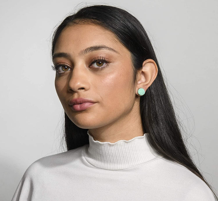 Duo Stud Earrings Stainless Steel Sweet Mint Green Faux Druzy Stone and Flamingo Print Glass 12mm Set