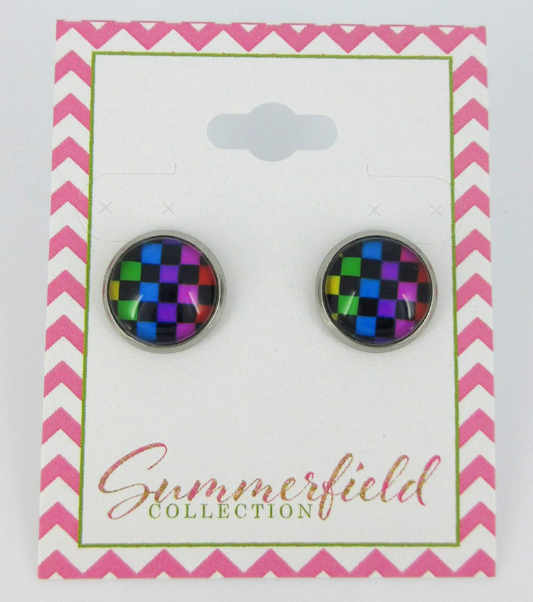 Stainless Steel Rainbow and Black Checkerboard Print Glass Stud Earrings 12mm