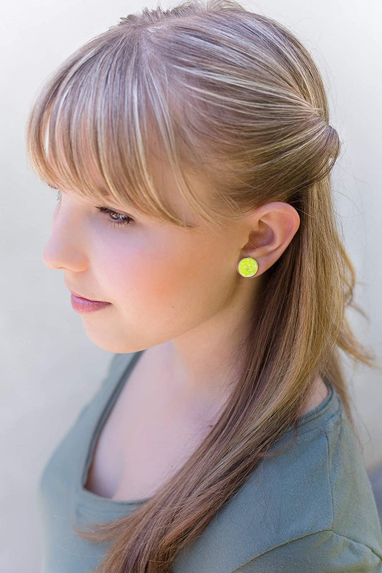 Silver-tone Neon Yellow AB Faux Druzy Stone Stud Earrings 12mm