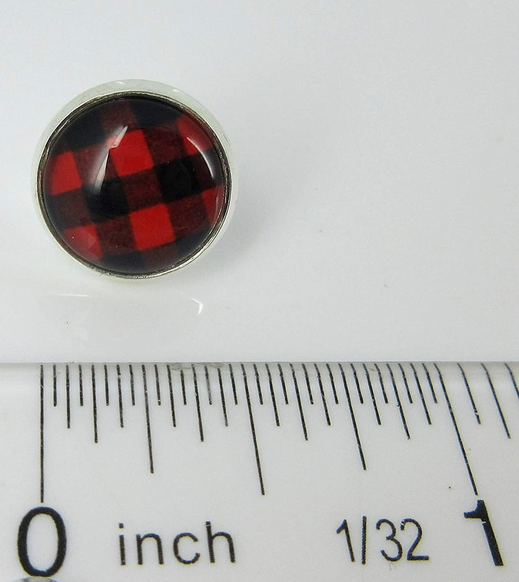 Silver-tone Black and Red Buffalo Plaid Print Glass Stud Earrings 12mm