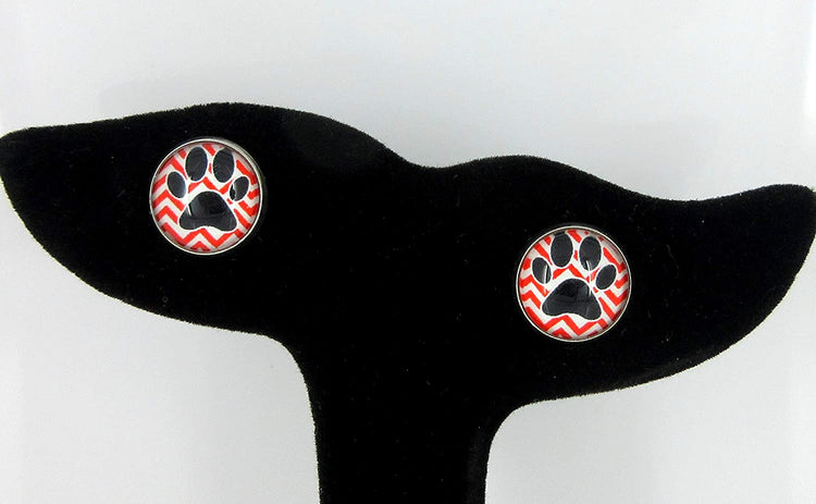 Stainless Steel Red Chevron and Black Paw Print Pink Glass Stud Earrings 12mm