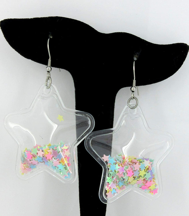 Multi Color Confetti Glitter Shaker Large Star Dangle Earrings Stainless Steel