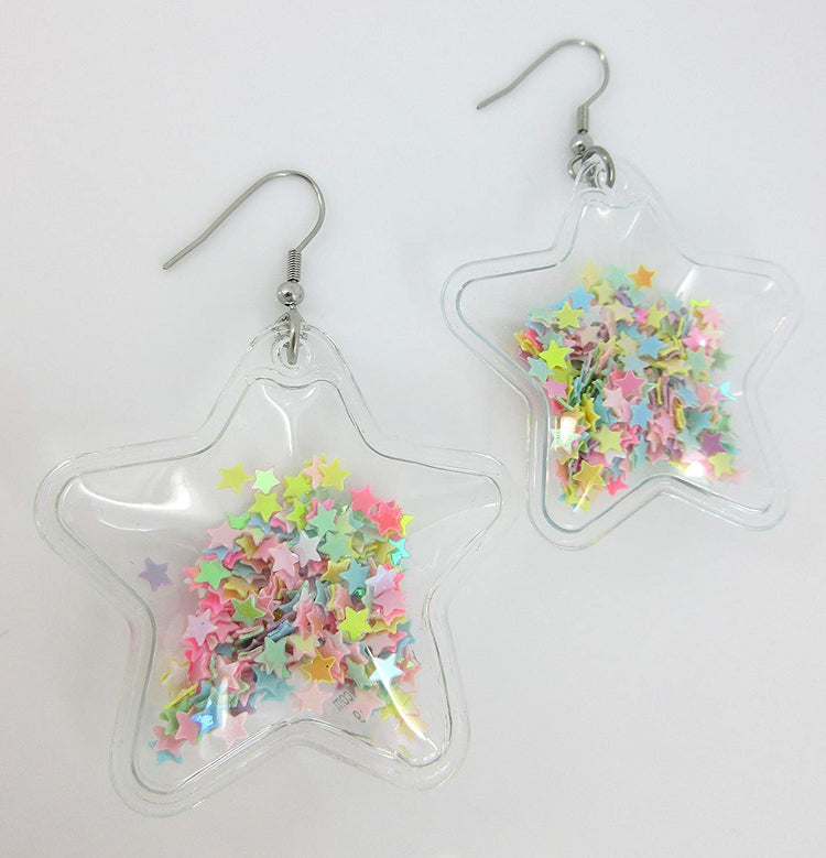 Multi Color Confetti Glitter Shaker Large Star Dangle Earrings Stainless Steel
