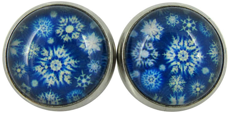 Stainless Steel Snowflake Print Glass Stud Earrings 12mm