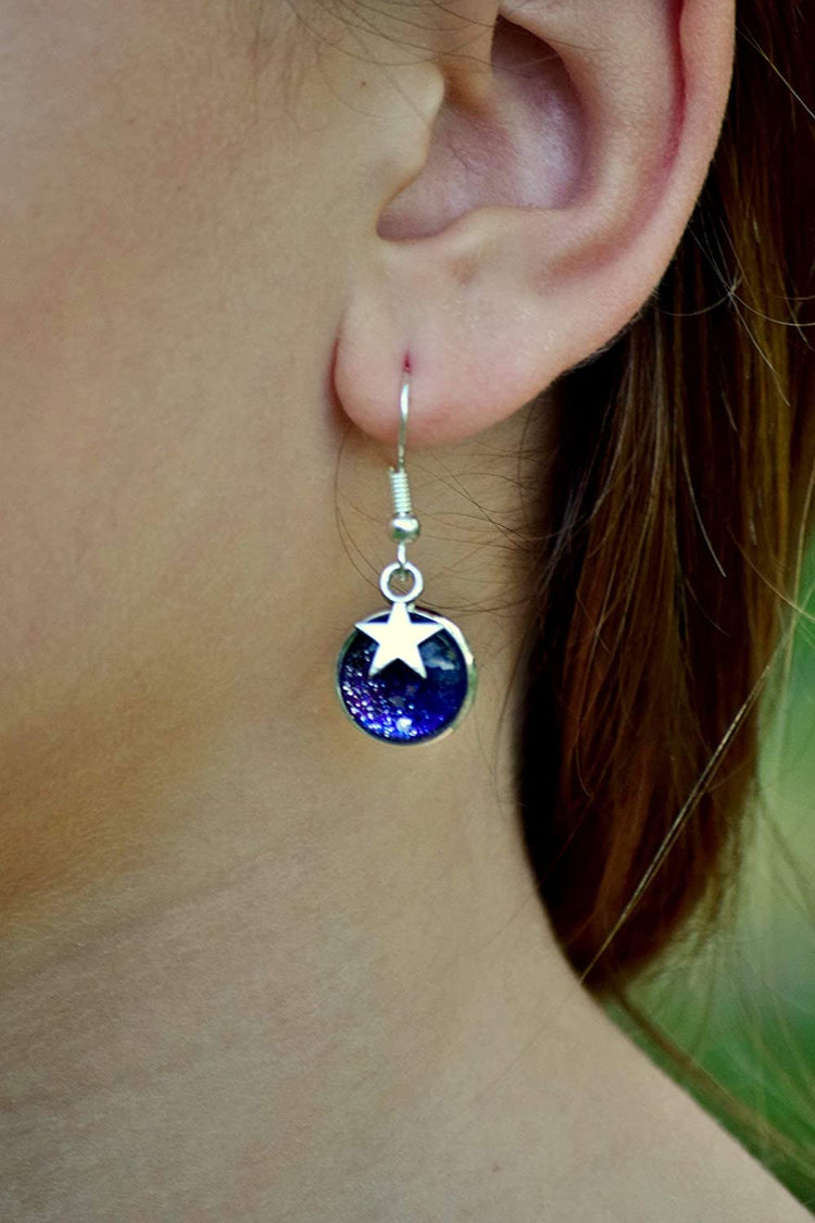 Silver-tone Glitter Glass Star Charm Galaxy Dangle Earrings Blue Purple Teal Hand-painted