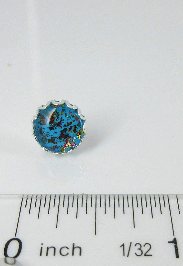 Silver-tone Aqua Blue and Rainbow Flake Glass Stud Earrings Hand-painted 10mm