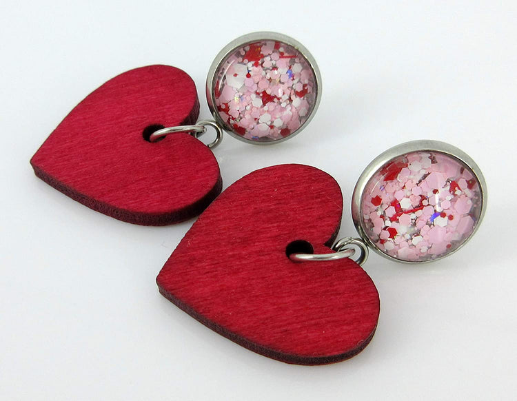 Stainless Steel Pink White Glitter Glass Red Heart Wood Drop Earrings