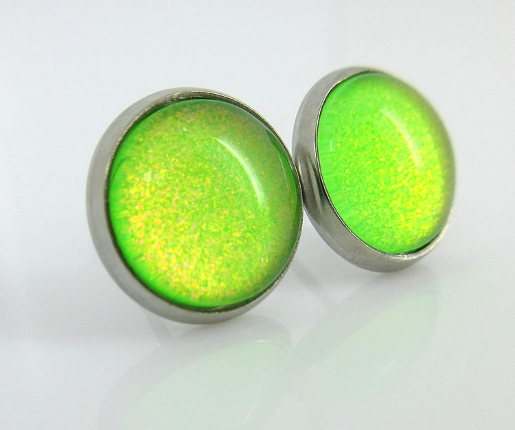 Stainless Steel Neon Green Colorshifting Glitter Glass Stud Earrings Hand-painted 10mm