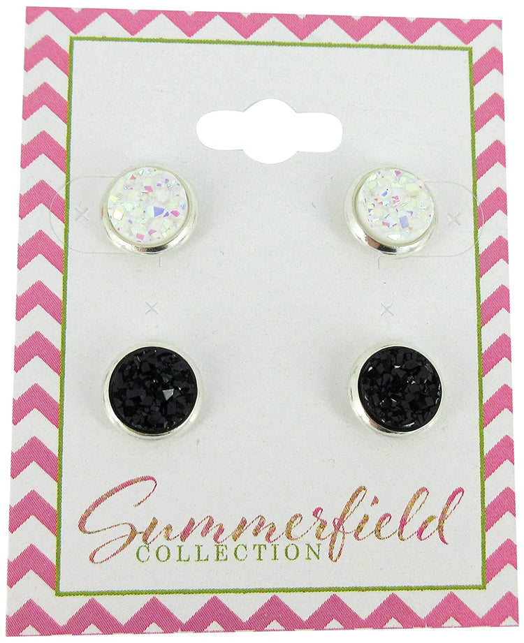 Duo Silver-tone White AB and Black Faux Druzy Stone Stud Earrings 8mm Set