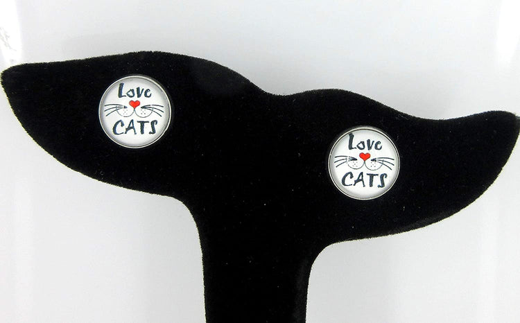 Stainless Steel Love Cats Whisker Face Print Glass Stud Earrings 12mm White Black Red
