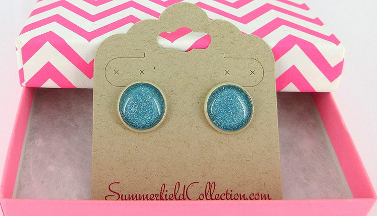 Silver-tone Soft Teal Green Blue Glitter Glass Stud Earrings Hand-painted 12mm