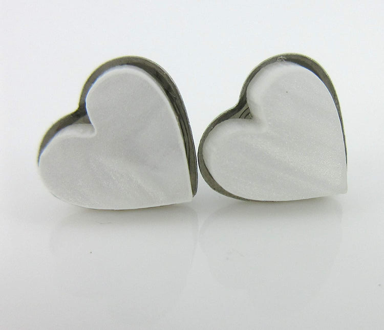 Stainless Steel Pearly White Acrylic Heart Stud Earrings 8mm