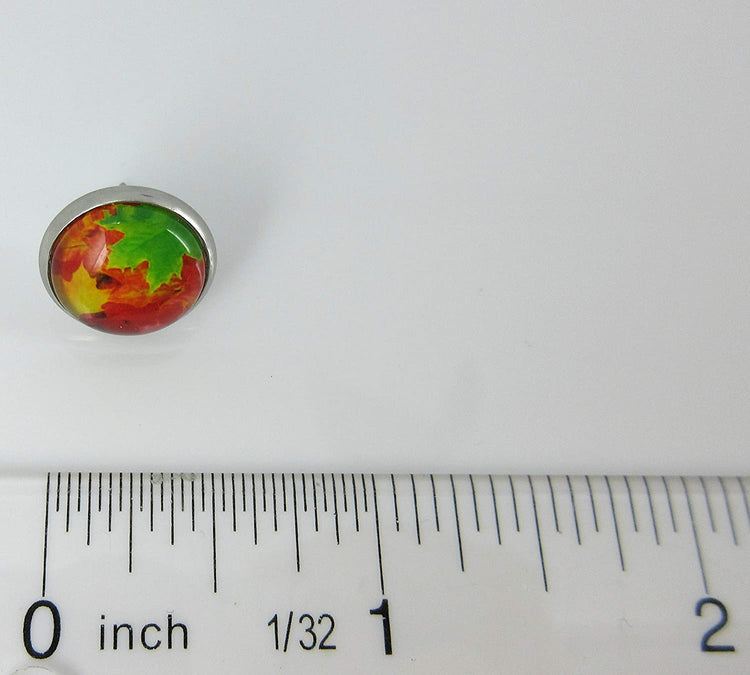 Stainless Steel Fall Leaves Green Orange Yellow Print Glass Stud Earrings 12mm