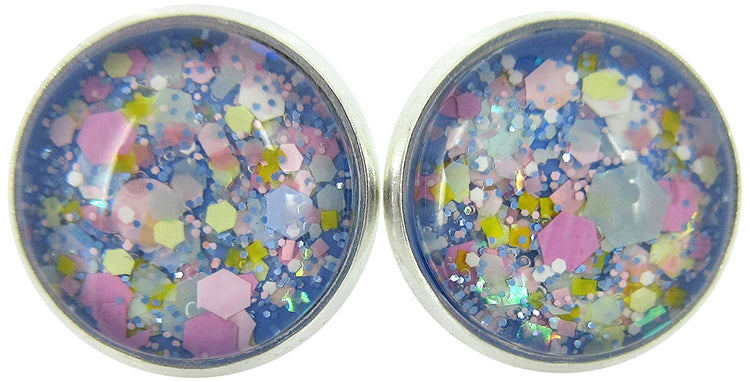 Silver-Tone Blue Pastel Periwinkle Glitter Glass Stud Earrings 1/2" Round