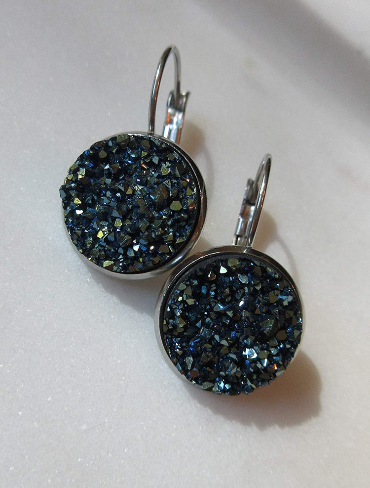 Stainless Steel Metallic Blue Faux Druzy Stone Lever-back Drop Earrings 14mm