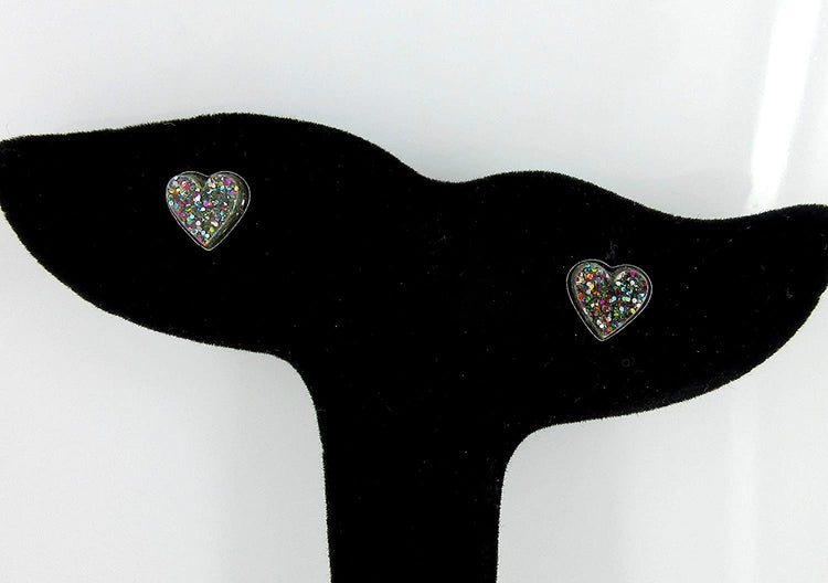 Stainless Steel Dark Rainbow Glitter Acrylic Heart Stud Earrings 8mm