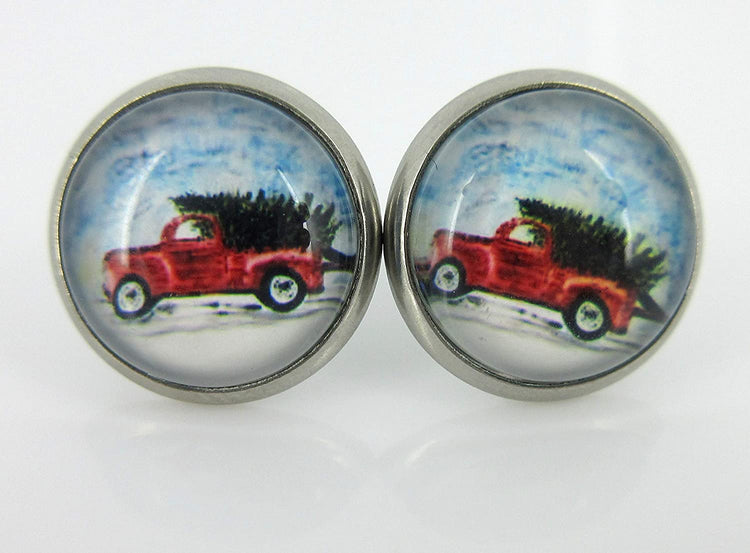 Stainless Steel Red Truck Christmas Tree Print Glass Stud Earrings 12mm