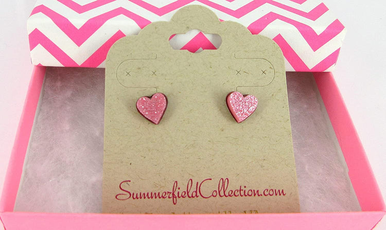 Stainless Steel Bubblegum Pink Glitter Acrylic Heart Stud Earrings 8mm