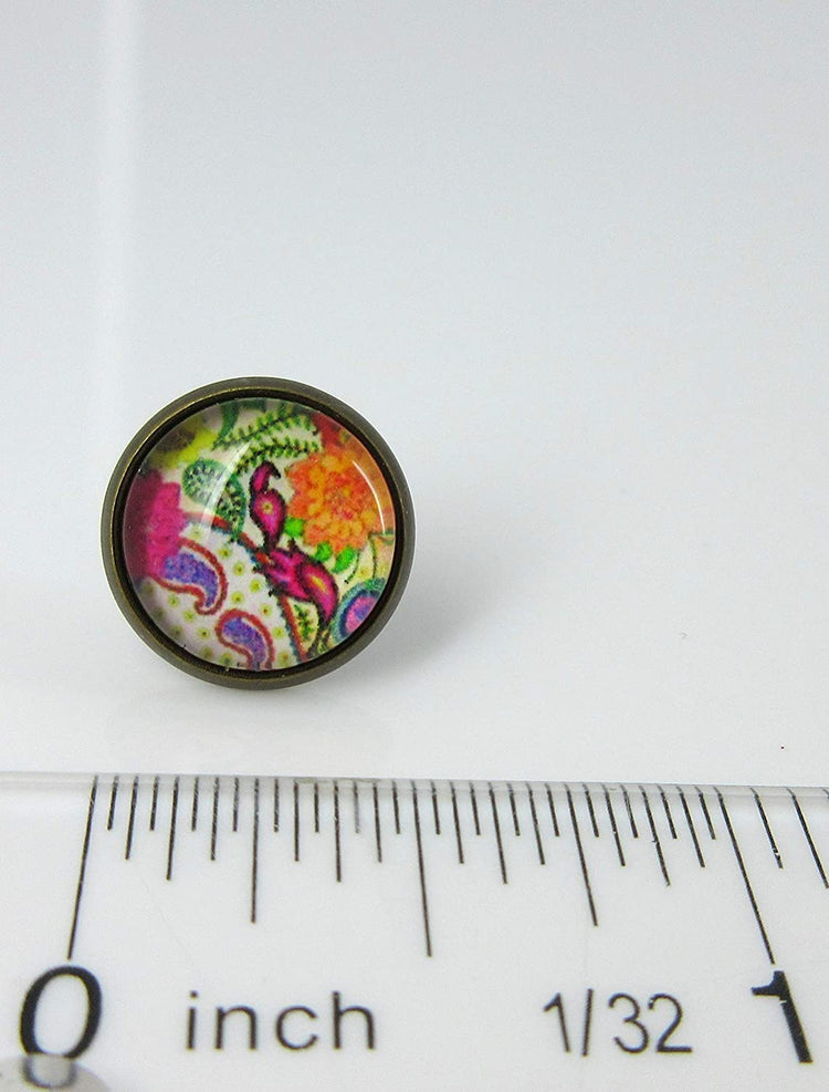 Antiqued Gold-tone Paisley Print Glass Stud Earrings 12mm