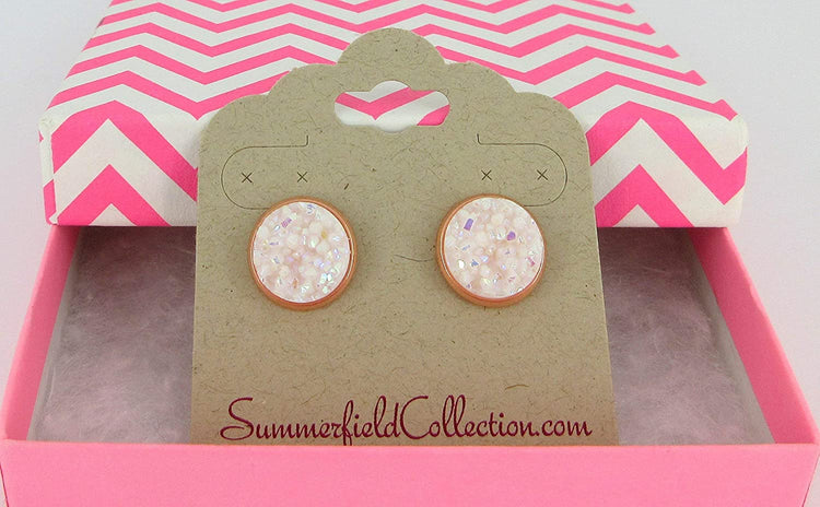 Rose Gold-tone White AB Faux Druzy Stone Stud Earrings 12mm