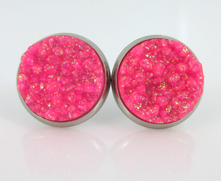 Stainless Steel Neon Pink Orange Yellow Green Faux Druzy Glitter Stone Stud Earrings Set (12mm)