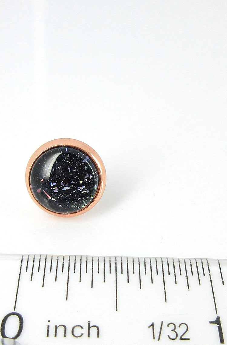 Rose Gold-tone Black and Holographic Flake Glitter Glass Stud Earrings Hand-painted 10mm