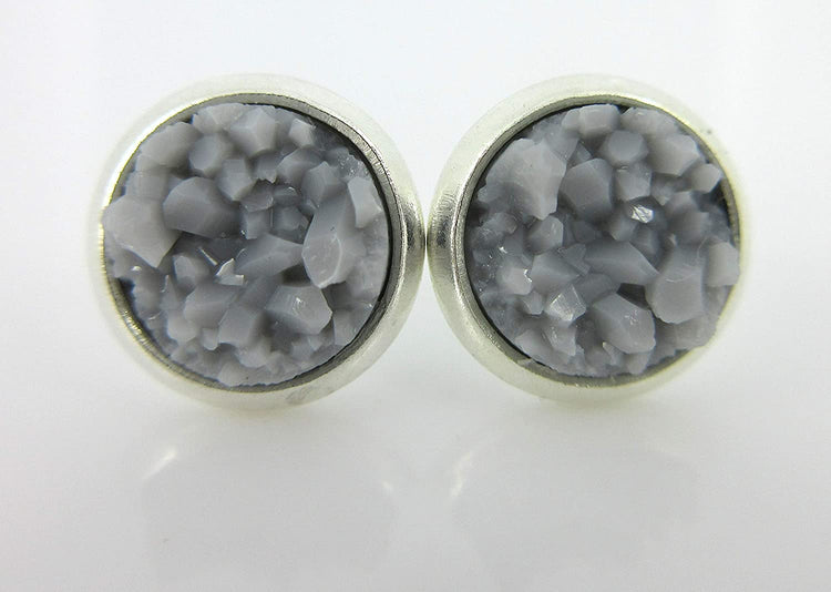 Duo Silver-tone Gray and Green Faux Druzy Stone Stud Earrings 8mm Set