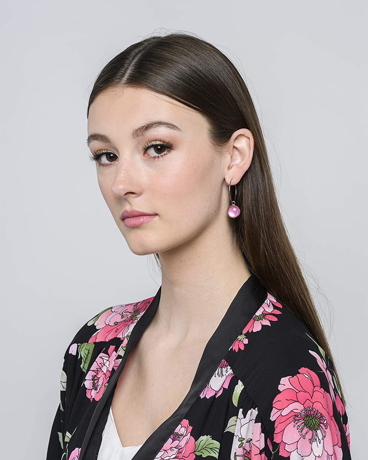 Stainless Steel Pink and Silver Glitter Glass Charm Hoop Earrings Hand-painted 1"