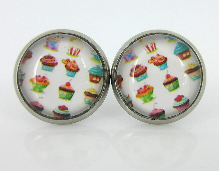 Duo Stud Earrings Stainless Steel Happy Birthday and Cupcake Print Glass 12mm Set