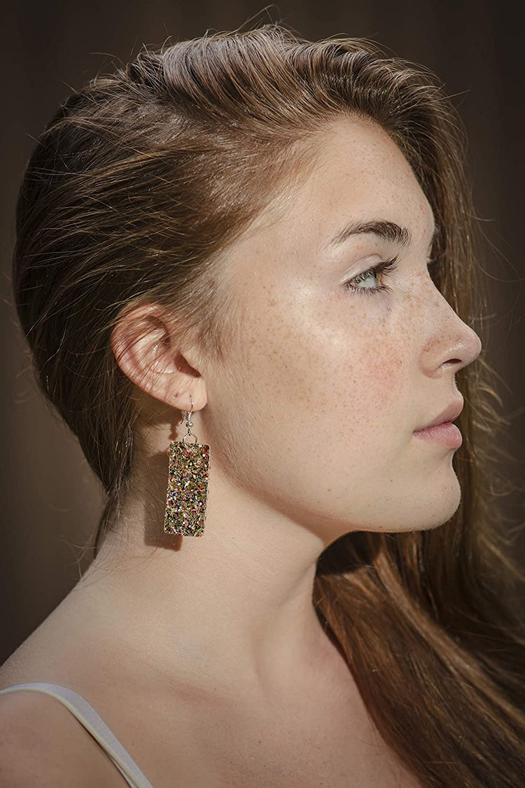 Silver-tone Glitter Faux Leather Large Rectangle Dangle Earrings (Gold and Rainbow)