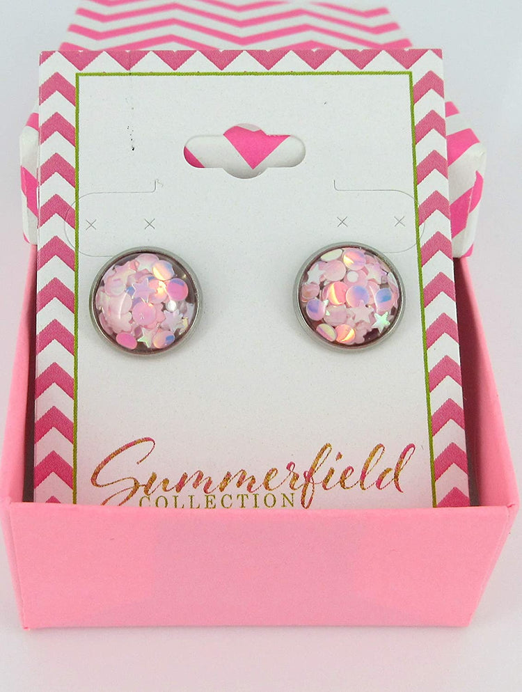 Stainless Steel Glitter Resin Globe Stud Earrings 12mm Ballet Pink
