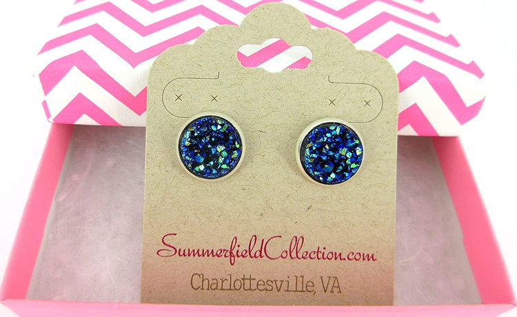 Silver-tone Blue Faux Druzy Stone Stud Earrings 12mm