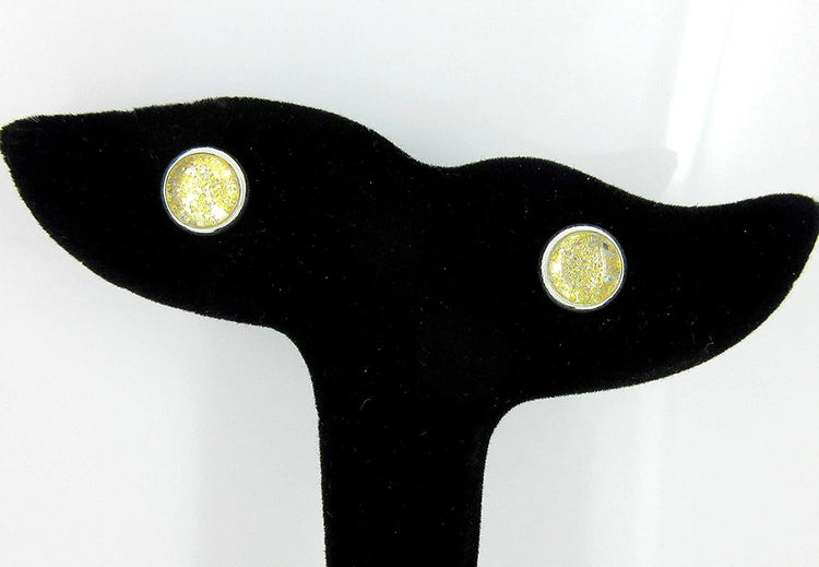 Silver-tone Yellow Gold Glitter Glass Stud Earrings Hand-painted 8mm