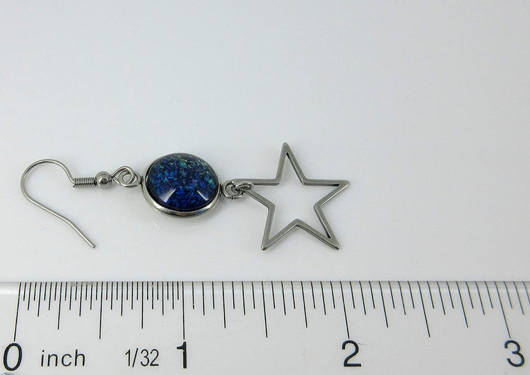 Stainless Steel Mismatch Glitter Glass Moon and Star Charm Dangle Earrings