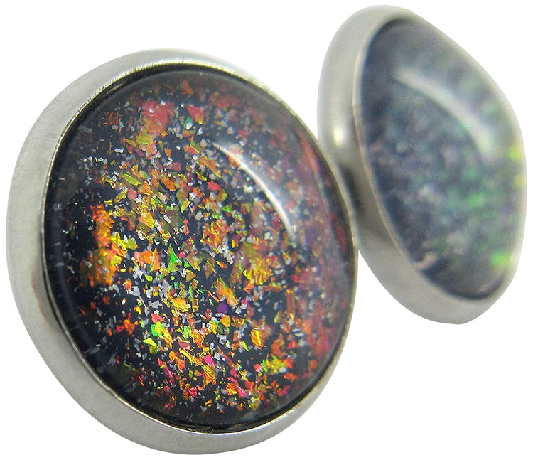 Stainless Steel Gray and Rainbow Holographic Glitter Glass Stud Earrings Hand-painted 12mm