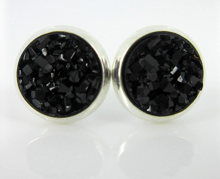 Duo Silver-tone White AB and Black Faux Druzy Stone Stud Earrings 8mm Set