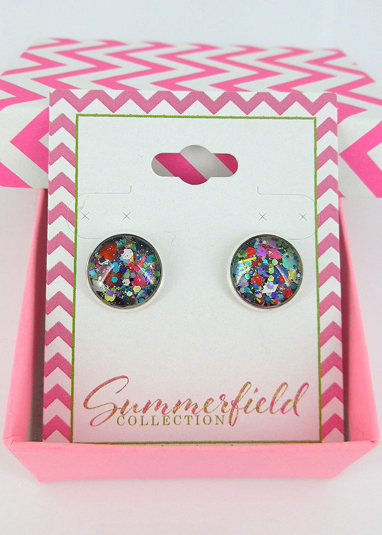 Silver-Tone Black and Multi-Color Confetti Glitter Glass Stud Earrings 1/2" Round