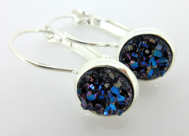 Silver-tone Faux Druzy Stone Lever-back Drop Earrings 8mm