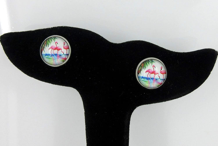 Duo Stud Earrings Stainless Steel Sweet Mint Green Faux Druzy Stone and Flamingo Print Glass 12mm Set