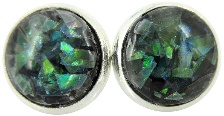 Shiny Silver-tone Black and Opalescent Leaf Resin Stud Earrings 10mm