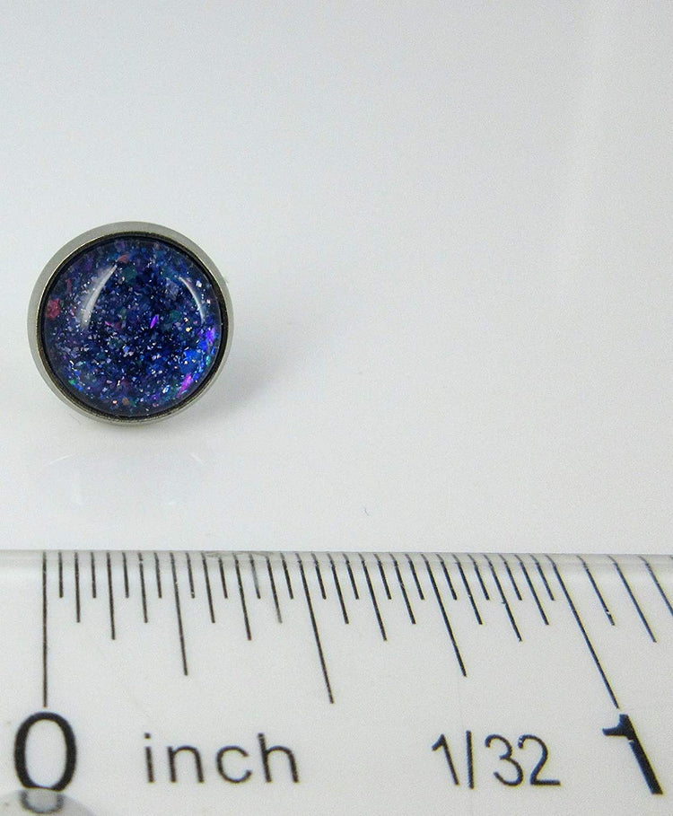 Stainless Steel Blue Purple Pink Glitter Glass Stud Earrings Hand-painted 10mm