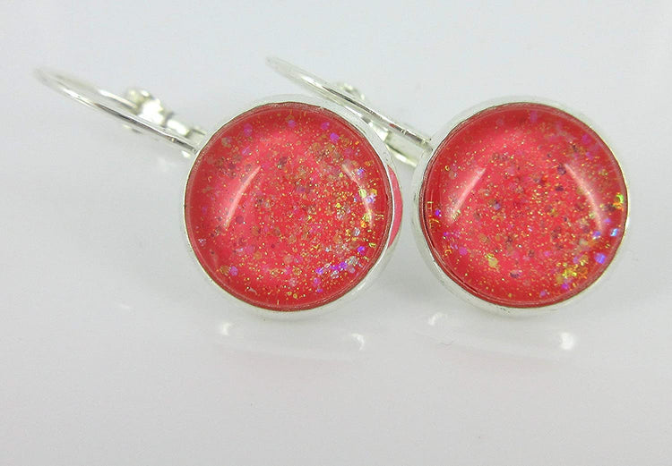 Silver-tone Coral Iridescent Glitter Glass Galaxy Drop Earrings Leverback Hand-painted