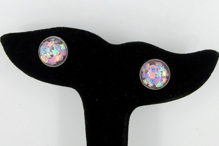 Stainless Steel Glitter Resin Globe Stud Earrings 12mm (Lilac)