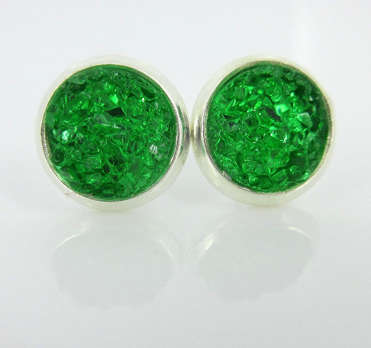 Duo Silver-tone Deep Purple and Green Faux Druzy Stone Stud Earrings 8mm Set