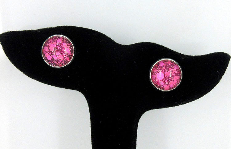 Silver-tone Raspberry and Hot Pink Glitter Glass Stud Earrings Hand-painted 12mm
