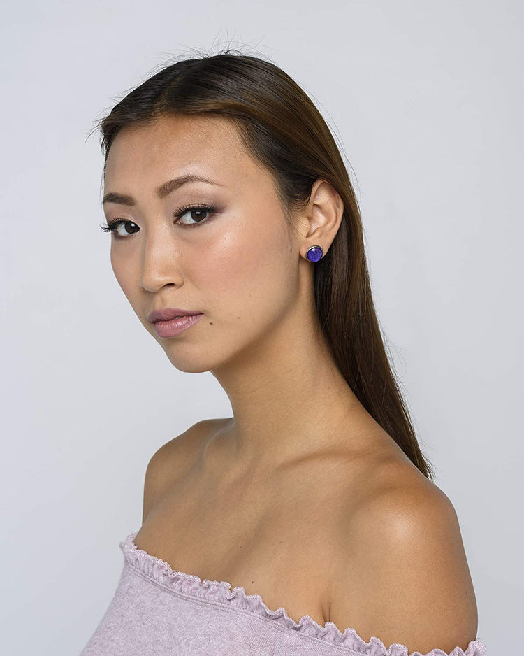 Stainless Steel Purple and Blue Holographic Glitter Glass Stud Earrings Hand-painted 12mm