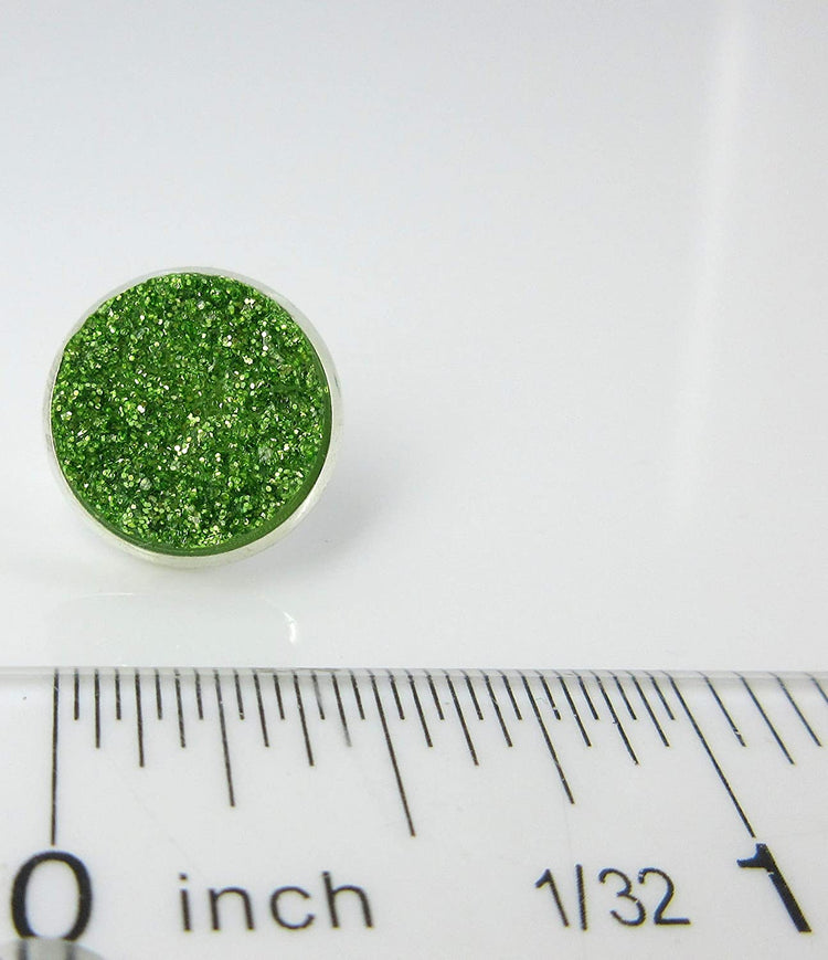 Silver-tone Spring Green Glitter Faux Druzy Stone Stud Earrings 12mm