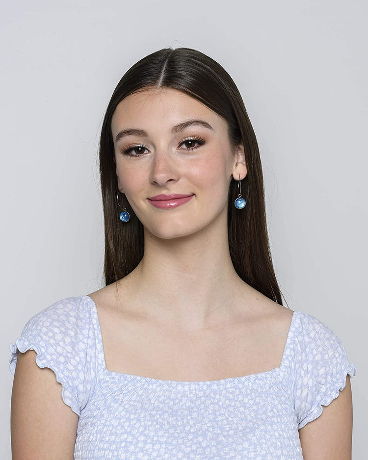 Stainless Steel Blue Green Glitter Glass Charm Hoop Earrings Hand-painted 1"