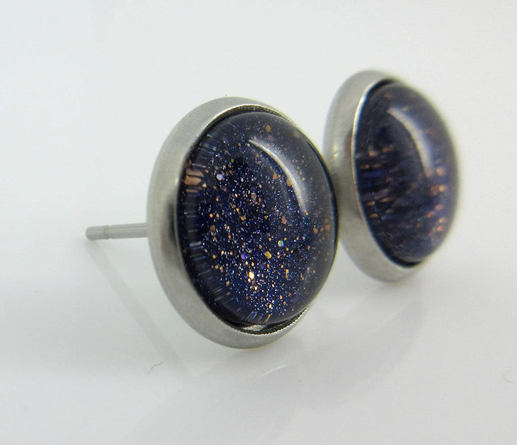 Stainless Steel Dark Purple and Gold Glitter Glass Stud Earrings Hand-painted 10mm