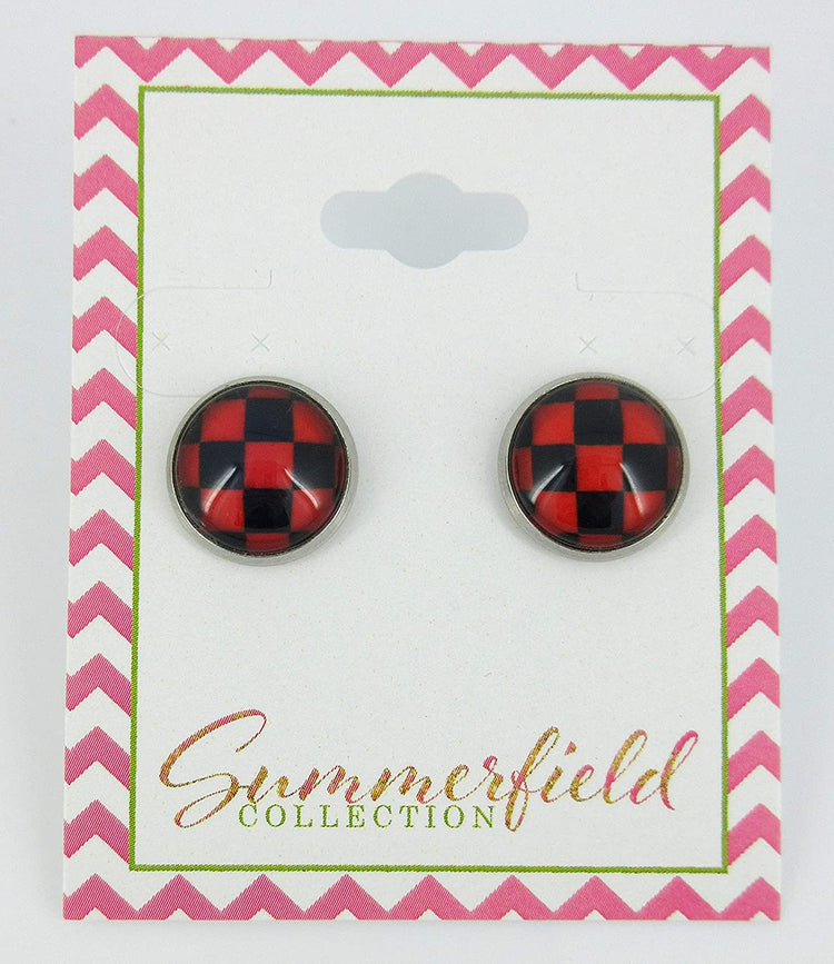 Stainless Steel Red and Black Checkerboard Print Glass Stud Earrings 12mm
